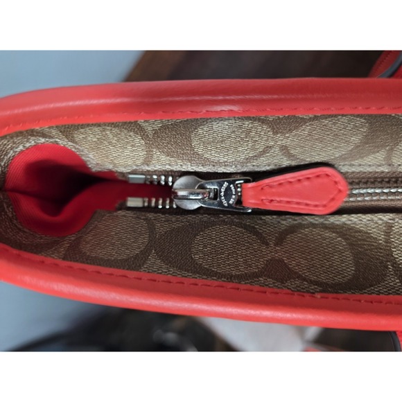 COACH Brown Signature Canvas Orange Leather Satchel Tote Shoulder Bag F58292 - Picture 4 of 15